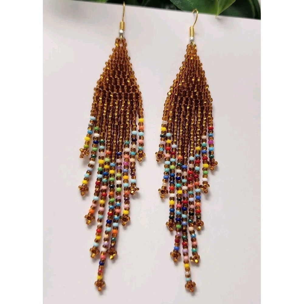 NEW Boho Brown Color Beaded Fringe Dangle Earrings Tassel Style